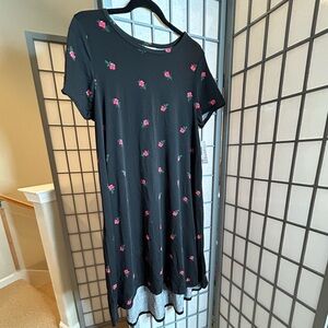 NWT LuLaRoe Black Carly High Low Swing Dress with Red Floral Accents
